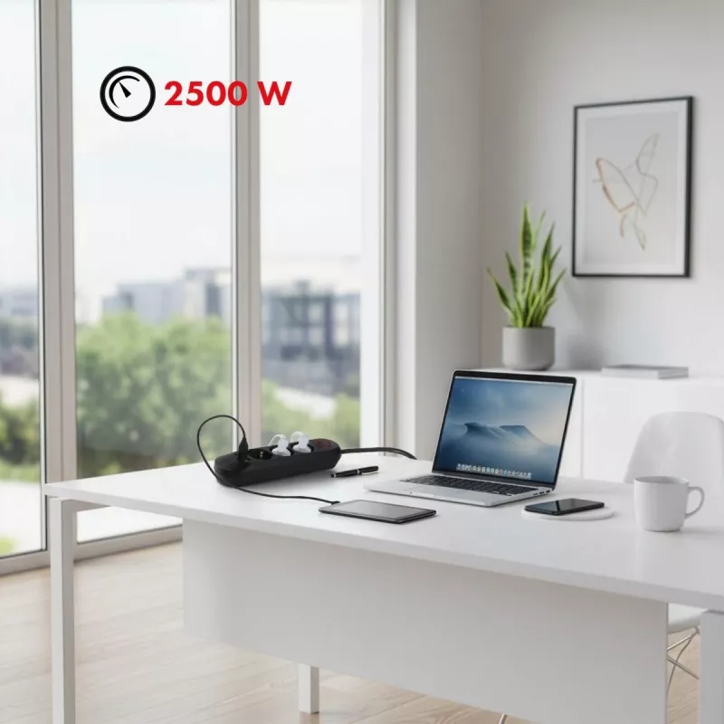 Strāvas sadalītājs MACLEAN MCE394 B — 3 rozetes + 3×USB A, 110–240 V, 2,1 A USB, 2500 W, 1,5 m kabelis, melns