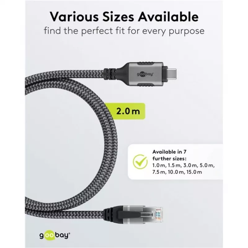 Ethernet kabelis USB-C 3.2 Gen2 spraudnis > RJ-45 spraudnis, LAN adapteris melns/sudrabains, 2 metri, pīts tekstila apvalks