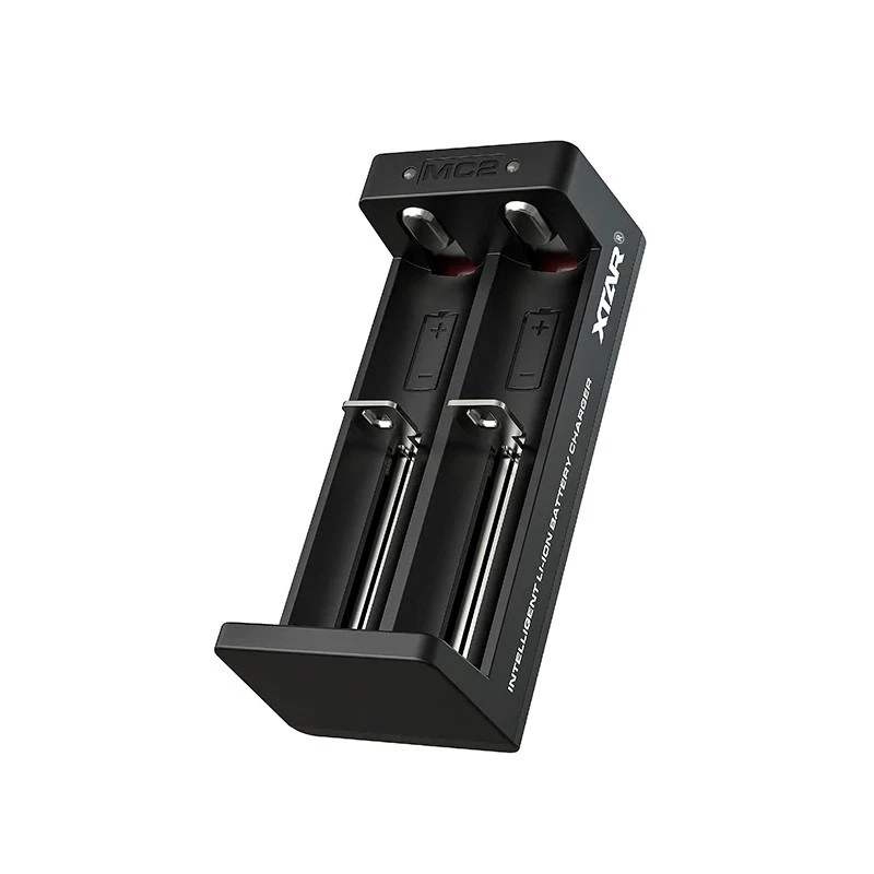 XTAR divu slotu Li-ion bateriju lādētājs 18650 elementiem, USB-C ieeja, 2 sloti, melns, LED indikatori