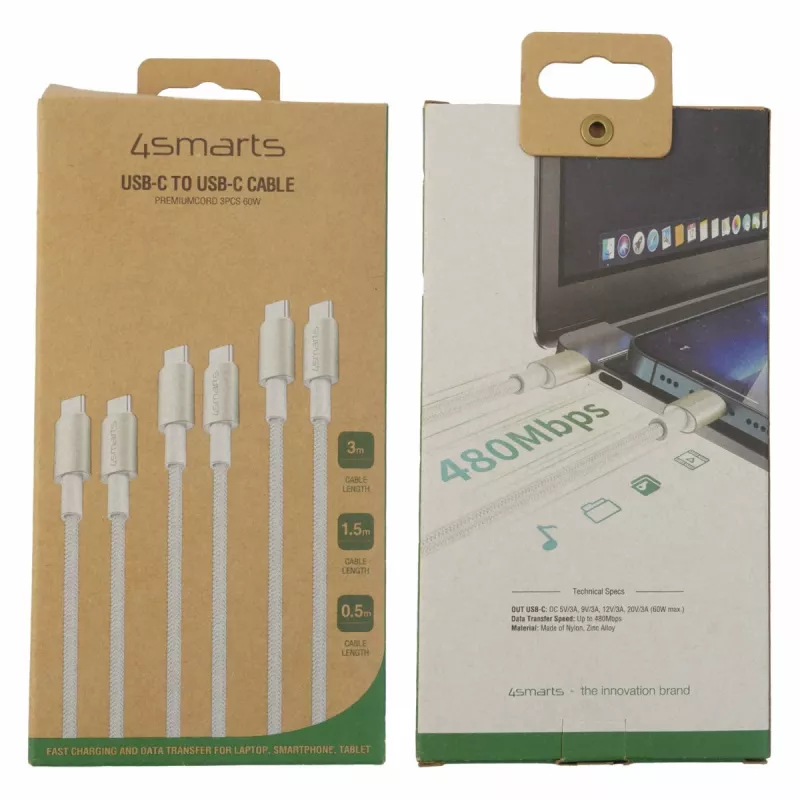 4smarts USB-C to kabelis PremiumCord 60W 3er Set 0.5m+1.5m+3m balta - Silver, balta - 3er (540621)