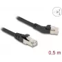 Tīkla kabelis DeLOCK RJ45 Cat.6A S/FTP 45° pa kreisi leņķots pret taisnu spraudni 0,5 m melns