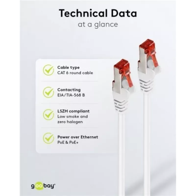 Wentronic Goobay CAT 6 komutācijas kabelis, S/FTP (PiMF), Balts, 3 m - LSZH Halogen-Free, Copper (93507)