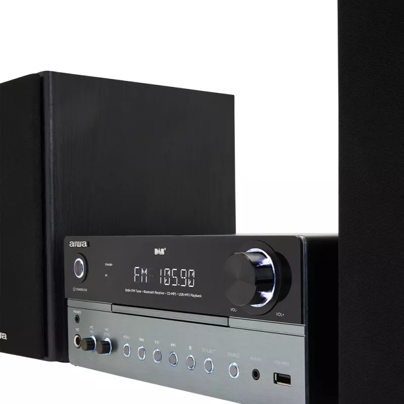 Mājas audio mikrosistēma Aiwa MSBTU-700DAB — 25W RMS, DAB+/FM, Bluetooth 10m, teknes CD, LED displejs, melna/Arktikas zila