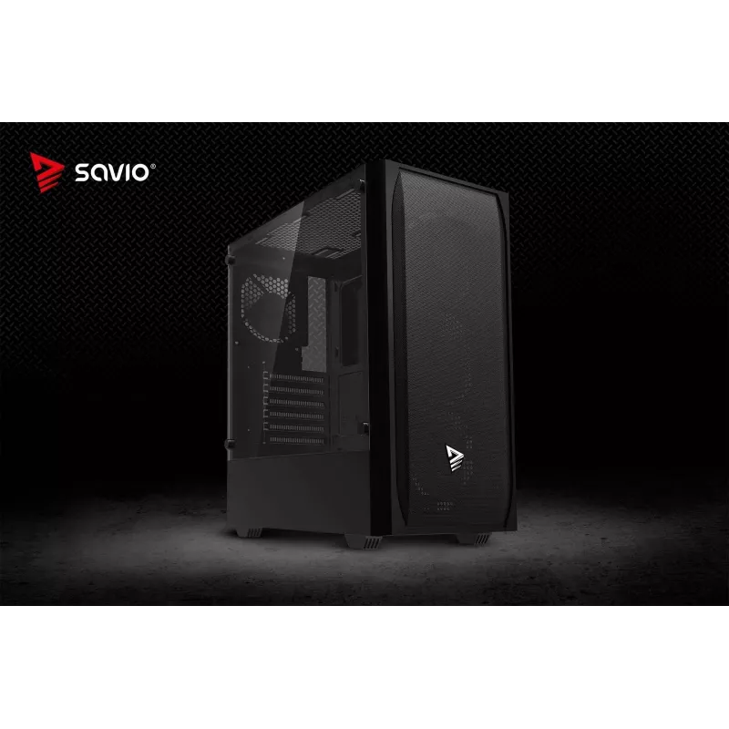 PC korpuss SAVIO Noctis Flow — Cube Mini‑ITX/Micro‑ATX/ATX, 3x120mm priekšā, 1x120mm aizmugurē, 2x3.5 collu + 3x2.5 collu sloti, rūdīts stikls