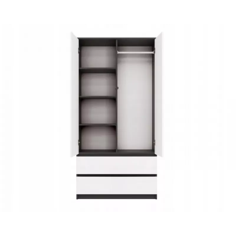 Skapis top e shop MALWA SS-90, 90×180×50 cm, antracīta rāmis, baltas veramas durvis, 2 atvilktnes, lamināts 16 mm