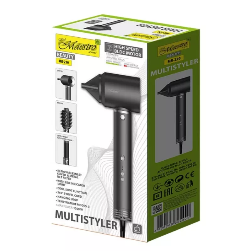 Multistyler 3in1 matu kopšanas komplekts Maestro MR-230 — matu žāvētājs, žāvētāja suka un automātiskais lokšķēres gludeklis, 1200 W, BLDC motors, 3,5 cm čokurošanās diametrs, 2 siltuma līmeņi, melns