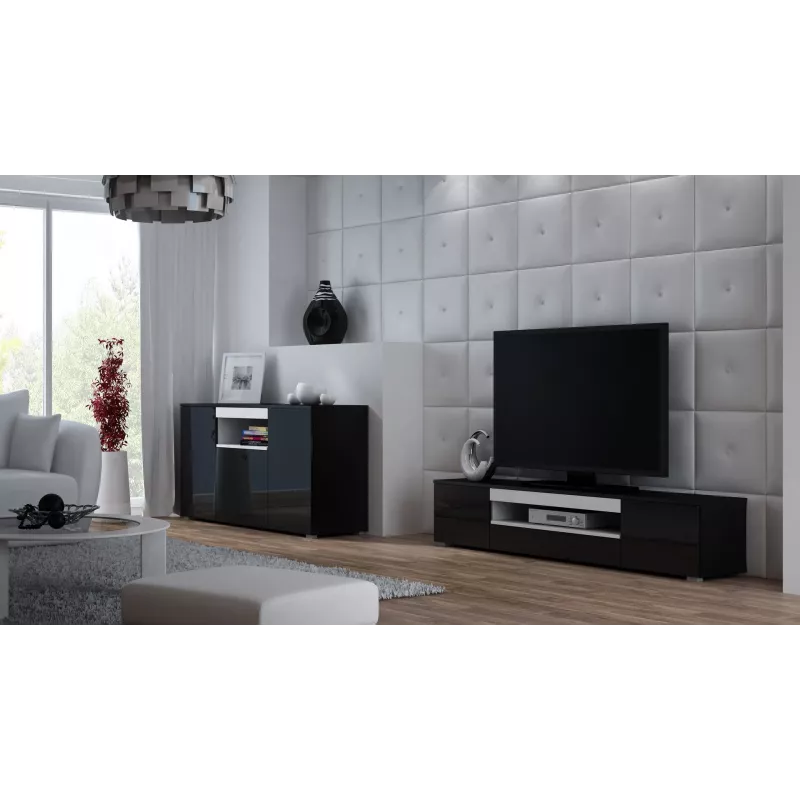 TV statīvs cama meble VIVA 180 — 1800×400×370 mm, melna virsma (skaidu plātne), melns rāmis, balti akcenti