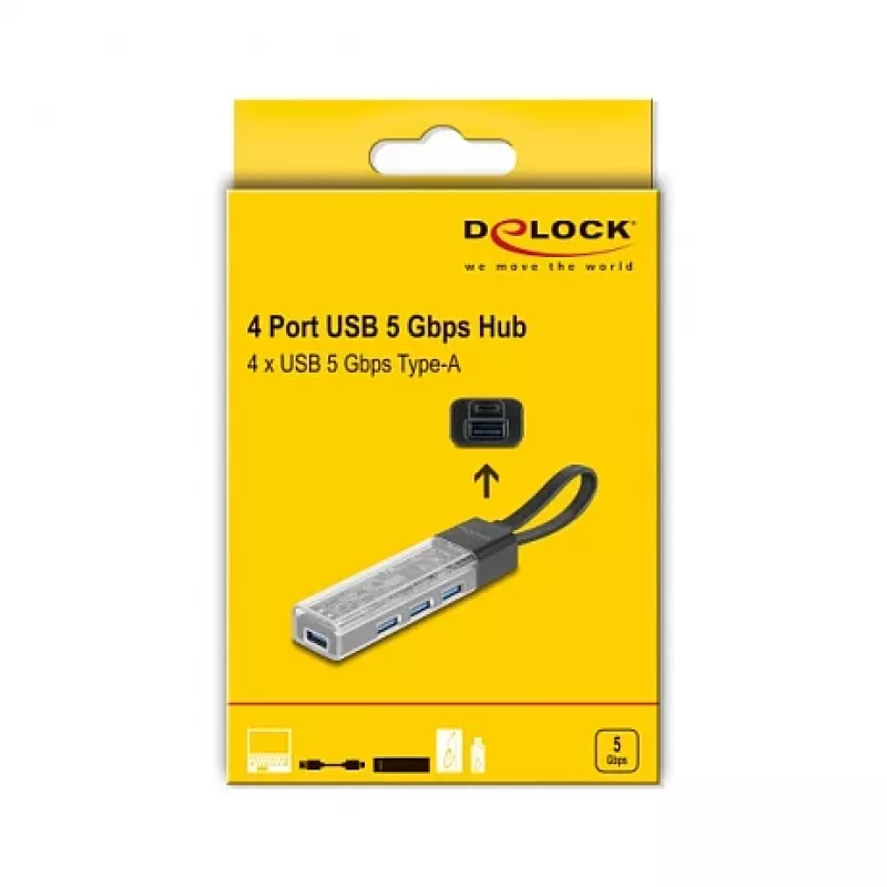 DELOCK USB 3.2 Gen 1 (3.1 Gen 1) 4-portu centrs ar Type-A + Type-C resursdatora pieslēgumu (5000 Mbit/s) melns/caurspīdīgs