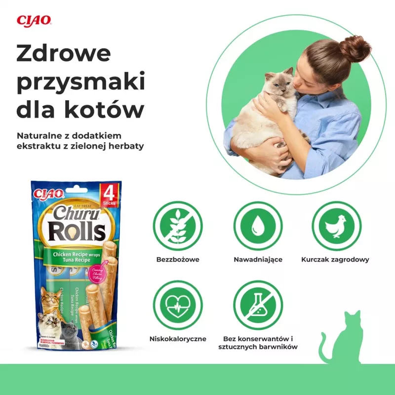 INABA Churu Rolls ar vistas garšu, ietīts tunča garšā - kaķu kārums - 4 x 10 g