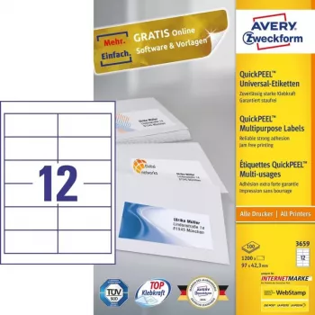 Avery 3659 pašlīmējošā uzlīme Taisnstūrveida Pastāvīga Balta 1200 gab.