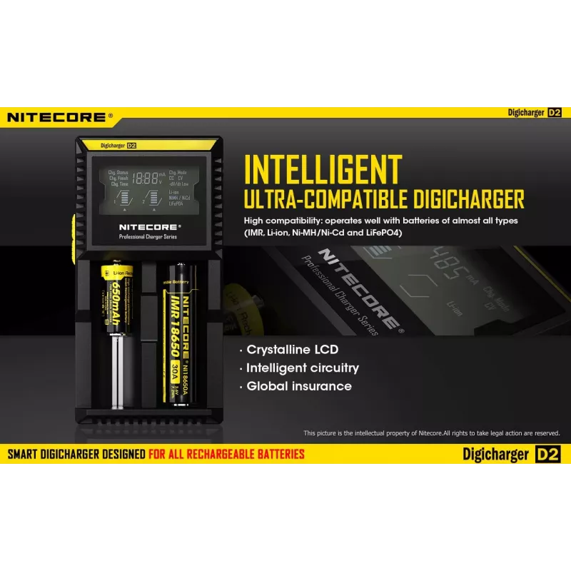 Bateriju lādētājs Nitecore D2 — 2 slotu lādētājs AA/AAA/AAAA/C baterijām, 100–240 V ieeja, 4,2 V izeja, melns