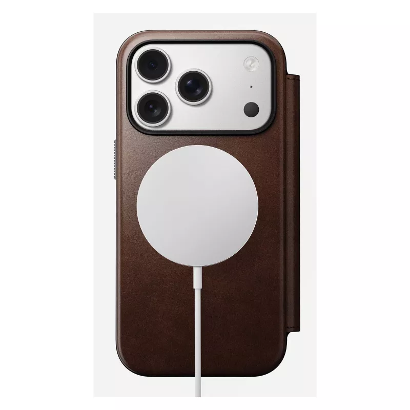 Mobilā tālruņa vāciņš Nomad Modern Leather Folio iPhone 17 Pro, āda/alumīnijs, 16 cm (6,3 collas) brūns, 4 karšu kabatas