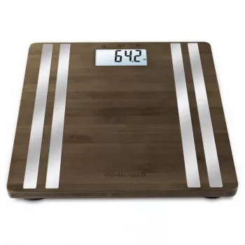 Elektroniskie personīgie svari Medisana BS 552 — sudraba krāsā ar bambusa virsmu, maks. 180 kg, 100 g precizitāte, Bluetooth, ĶMI, ķermeņa sastāvs