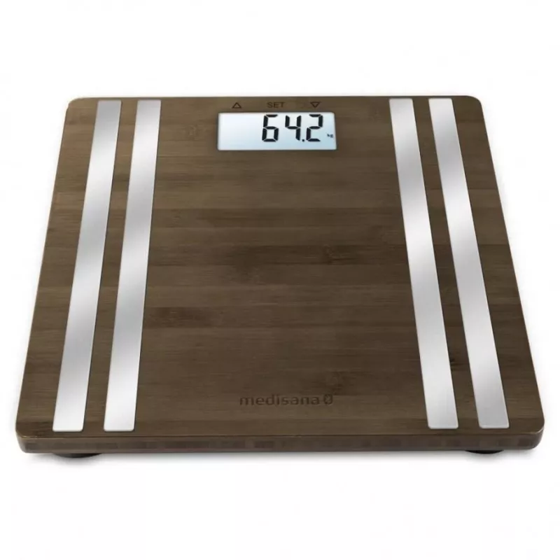 Elektroniskie personīgie svari Medisana BS 552 — sudraba krāsā ar bambusa virsmu, maks. 180 kg, 100 g precizitāte, Bluetooth, ĶMI, ķermeņa sastāvs