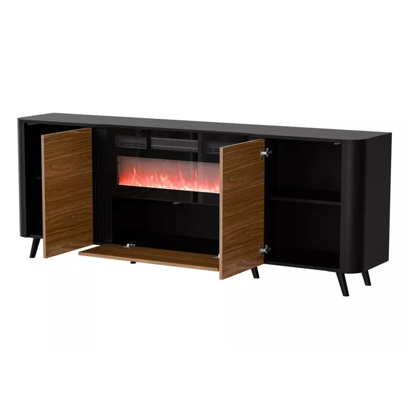 Kumode Cama Meble Volare 200 x 39 x 75 cm, melna/valrieksta krāsā, skaidu plātne, ietver kamīnu