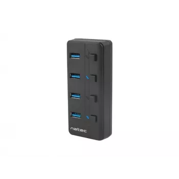 USB centrmezgls NATEC MANTIS USB 2.0 Type-B — 4x USB 3.2 Gen 1 Type-A porti, melns, 0,8 m kabelis, maiņstrāvas adapteris, barošanas slēdzis