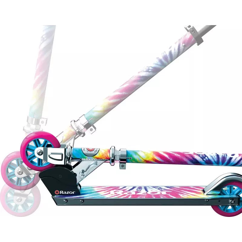 Bērnu skrejritenis Razor A Tie-Dye — alumīnija salokāms 2 riteņu skrejritenis, regulējama stūre, ABEC-5, maksimālā slodze 65 kg