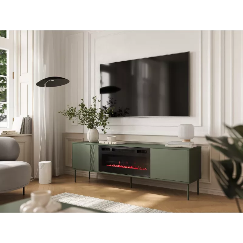 Cama Meble televizora skapis ar kamīnu TRESSE 180x40x54.5 cm — matēti zaļa virsma, kokskaidu plātne