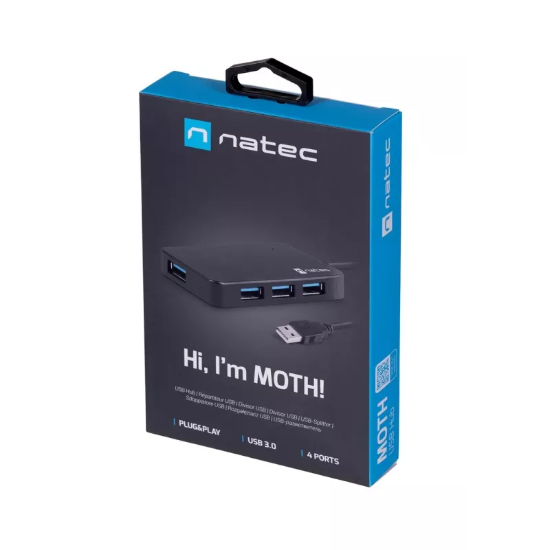 USB centrmezgls NATEC Moth 4 pieslēgvietu USB 3.2 Gen 1 Type-A (5000 Mbit/s), ar USB barošanu, melns, 0,15 m kabelis