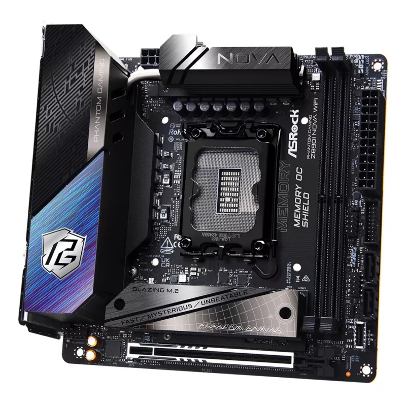 Mātesplate ASRock Phantom Gaming Z890I Nova WiFi — Intel Z890, LGA 1851, mini ITX, DDR5, 2x M.2, Wi‑Fi 6E/7, 5Gb LAN, Thunderbolt