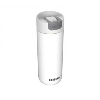 Termokrūze Kambukka Olympus 500 ml — 18/10 nerūsējošais tērauds, vakuumizolēta, pretšļakatu, neslīdoša pamatne, balta