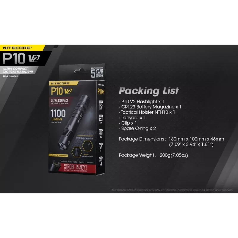 Taktiskais lukturītis Nitecore P10 V2 — 1000 lm, IP68 ūdensizturīgs, triecienizturīgs, 95 g, saderīgs ar 18650/CR123
