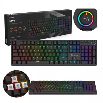 Mehāniskā spēļu klaviatūra SAVIO STYX Outemu Blue Hot-Swap RGB USB QWERTY US International melna 104 taustiņu pilnizmēra