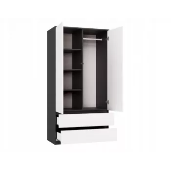 Skapis top e shop MALWA SS-90, 90×180×50 cm, antracīta rāmis, baltas veramas durvis, 2 atvilktnes, lamināts 16 mm