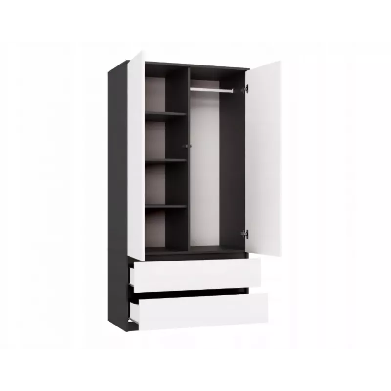 Skapis top e shop MALWA SS-90, 90×180×50 cm, antracīta rāmis, baltas veramas durvis, 2 atvilktnes, lamināts 16 mm