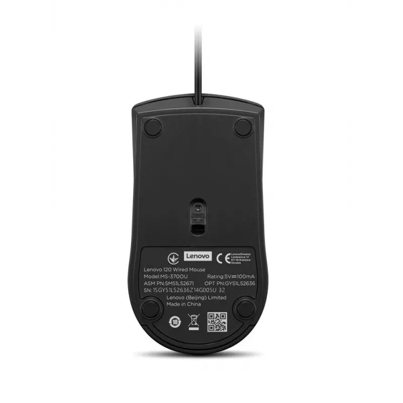 Vadu USB-A pele Lenovo 120 — melna, piemērota abām rokām, 1600 DPI, 3 pogas, 1,5 m kabelis