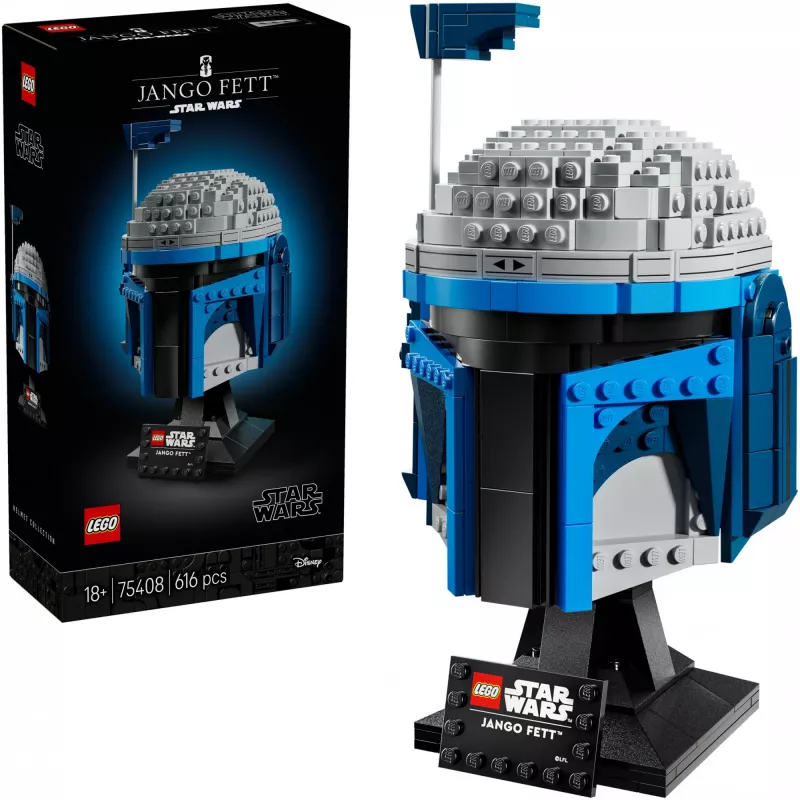 Kolekcionējams LEGO Star Wars ķiveres aksesuārs Jango Fett 75408 — 616 detaļas, 210×120×110 mm displeja modelis