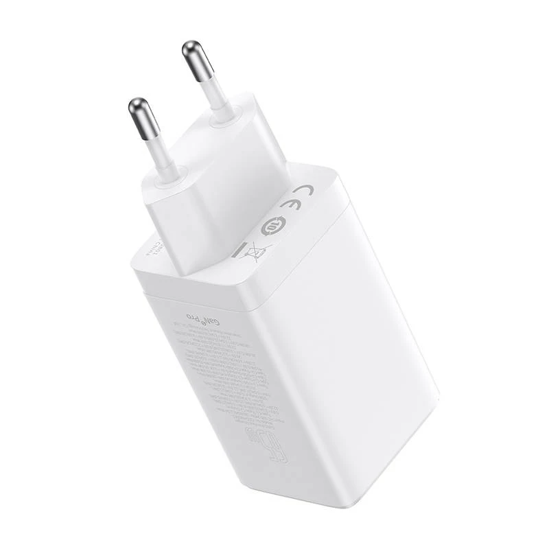 Sienas lādētājs Baseus GaN5 Pro 65W — USB + 2×USB-C (QC3.0, PD3.0) ar 1 m USB-C kabeli, balts