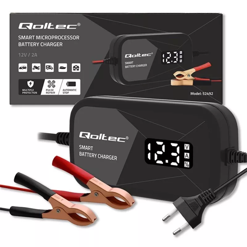 Bateriju lādētājs QOLTEC 52492 12V 2A ar mikroprocesora vadību un šūnu reģenerāciju