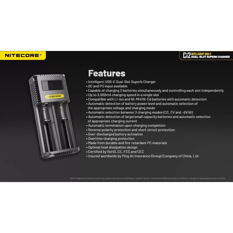 Baterijas lādētājs Nitecore Ci12 Universāls USB lādētājs Li‑Ion, NiCd, NiMH, 3A ieeja 5/9/12V, plastmasas korpuss