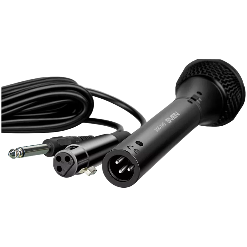 Mikrofons SVEN MK-100 (vadu, dinamisks, metāla, kabelis 4,0 m, 6,3/3,5 mm ligzda, kardioīds, melns)