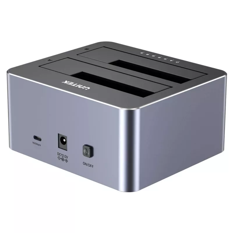 Doku stacija Unitek 51642 2,5 collu/3,5 collu SATA diskiem, USB-C 10 Gb/s, 2 nodalījumu, alumīnija