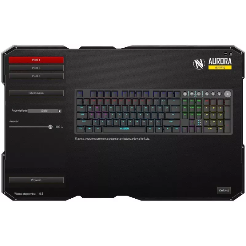 Klaviatūra IBOX AURORA K-6 — pilna izmēra QWERTY, RF bezvadu + Bluetooth, RGB apgaismojums, mehāniski zema profila taustiņi, melna