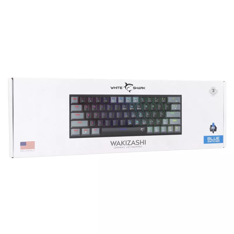 Mehāniskā spēļu tastatūra White Shark Wakizashi GK-002121V2 — melns/pelēks rāmis, US zilie slēdži
