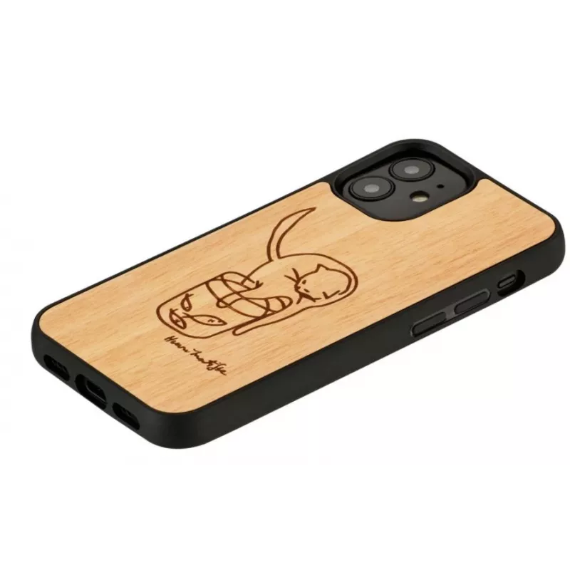 Man and wood telefona maciņš iPhone 12 mini — apdrukāts kaķis ar sarkanu zivi