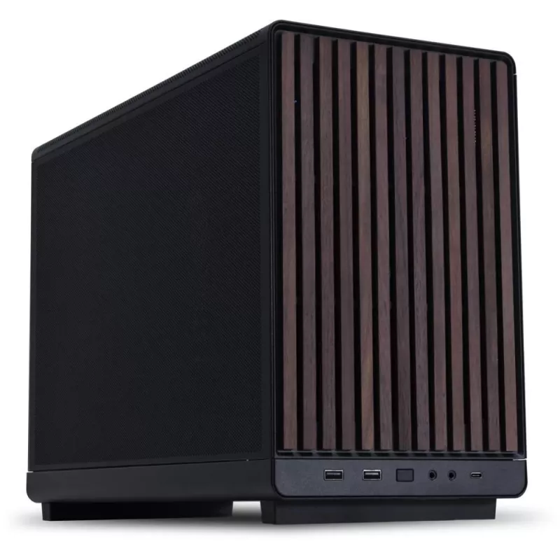Lian Li A3-mATX Micro Tower korpuss — Micro-ITX/Micro-ATX, koka un melnā krāsā, atbalsta ATX/SFX/SFX-L barošanas blokus