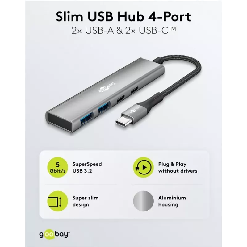Goobay Slim 4-Port USB-Hub USB-C uz/USB-A 5 Gbit/s - Plug USB 3.2 (76563)