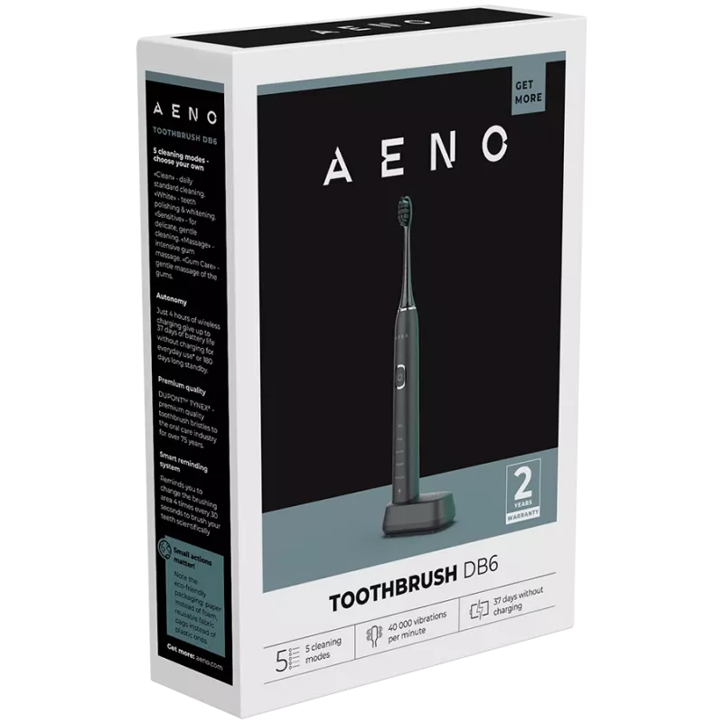AENO Sonic Electric Toothbrush DB6: Melns, 5 režīmi, bezvadu uzlāde, 46000 apgr./min, 40 dienas bez uzlādes, IPX7