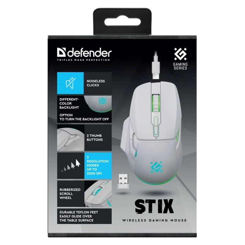 Bezvadu pele DEFENDER Stix GM-009 RF — optiska 3200 DPI, 6 pogas, piemērota abām rokām, USB RF, darbināma ar baterijām, balta