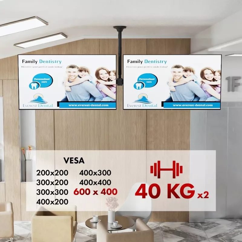 Griestu stiprinājums MACLEAN MC-111 B diviem televizoriem, maks. slodze 2×40 kg, maks. VESA 600×400