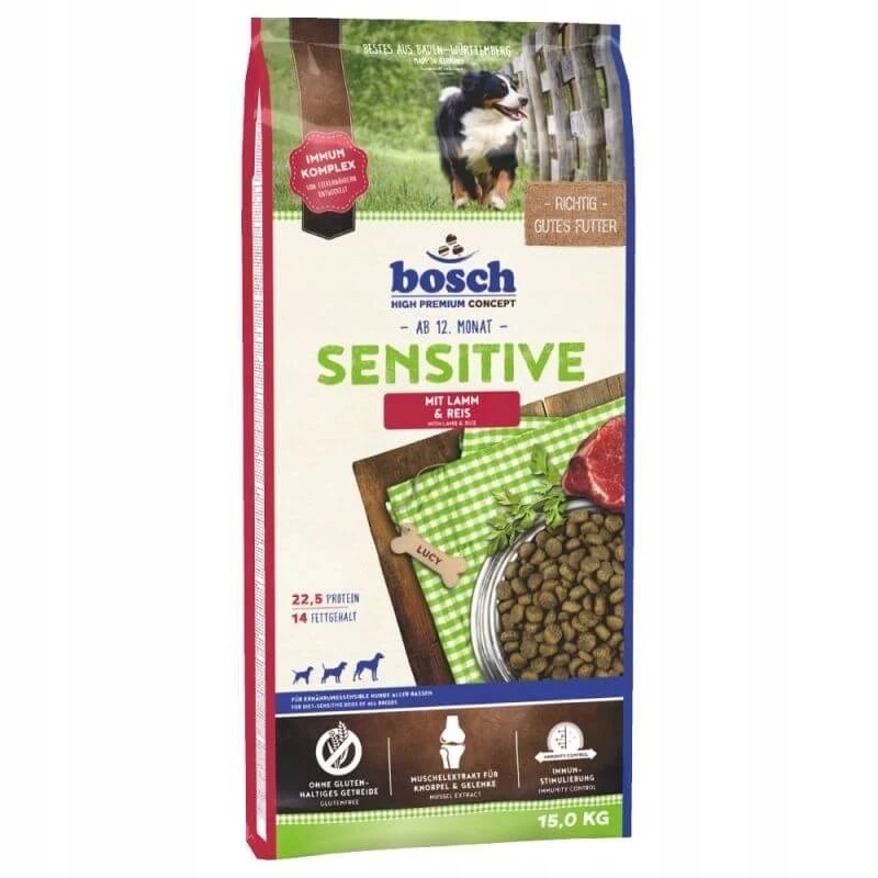 Sausā suņu barība Bosch Sensitive ar Jēru & Rīsiem pieaugušiem suņiem 10–15,9 kg, bez vistas, 21,5% proteīna, 10,5% tauku