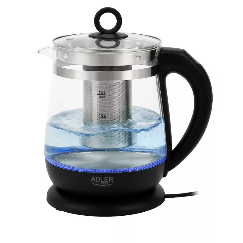 Adler Tējkanna | AD 1299 | Elektriskā | 2200 W | 1,5 L | Stikla | 360° rotējoša pamatne | Melna
