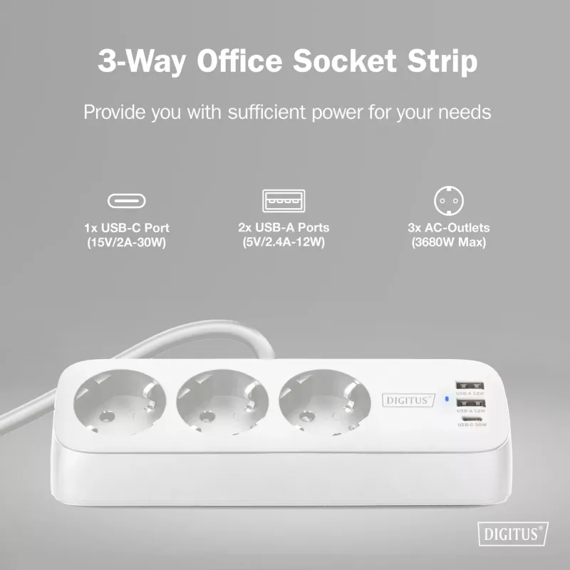 Strāvas sadalītājs DIGITUS 3-vietīgs ar 2×USB-A un 1×USB-C, 3 maiņstrāvas rozetes tips E/F, 1,5 m kabelis, balts