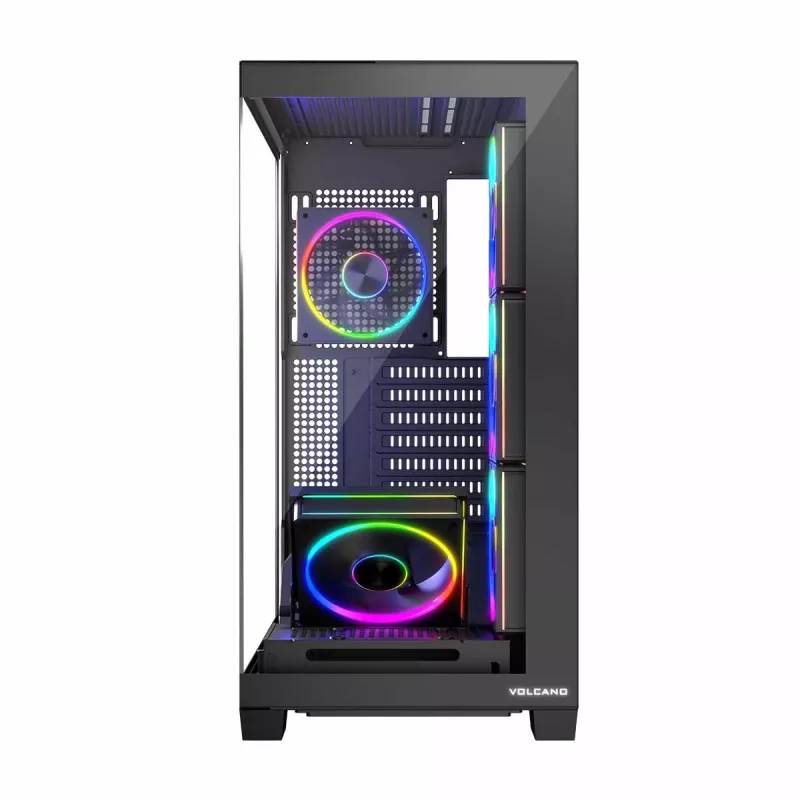 PC korpuss MODECOM Volcano Stellar 5F ATX Midi Tower, rūdīts stikls, 5 iepriekš uzstādīti ventilatori, USB‑C, atbalsta microATX/ATX, maks. GPU 420 mm, CPU dzesētāja augstums 175 mm