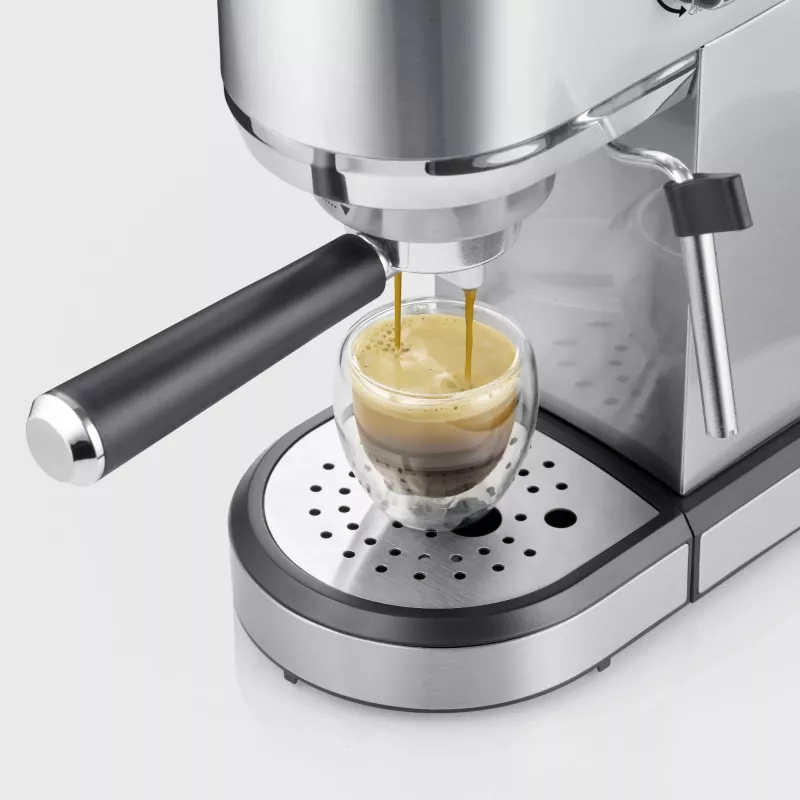 Espresso automāts SEVERIN Newspresa KA 5997 — pusautomātisks, 1 L ūdens tvertne, 1350 W, maltas kafijas iepilde, melns/matēts tērauds/hroms
