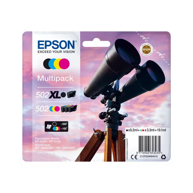 Epson 502 XL tintes kasetne 4 gab. oriģināla lielas ietilpības (XL) melna, zila, fuksīna, dzeltena